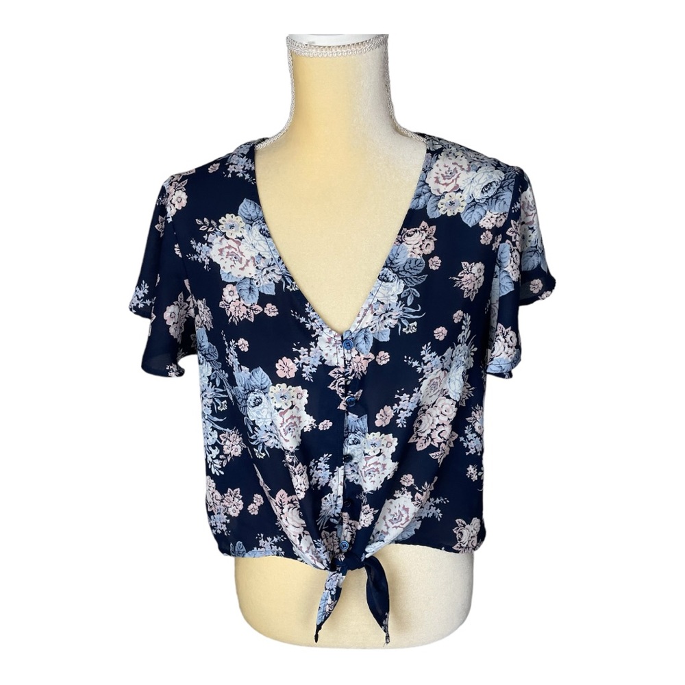 Love Fire, Navy Blue Floral V-Neck Sheer Crop Blouse Size Large